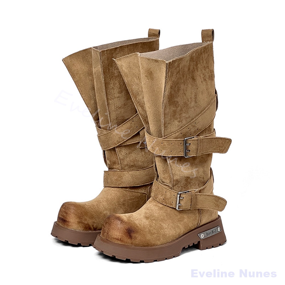 Leather Classic Strap - Wide-legged Belt Buckle Thick-soled Motorcycle Boots